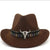Western Fedora Hat Silver Cow Skull Wide Brim Felt Panama BOHO Dark Brown