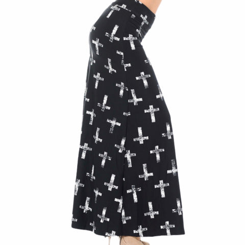 Black High Waisted Maxi Skirt with White Crosses