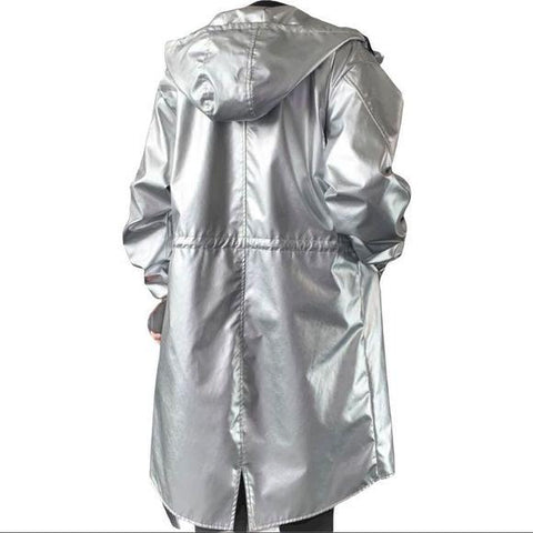 Silver Metallic Trench Coat Hooded Jacket