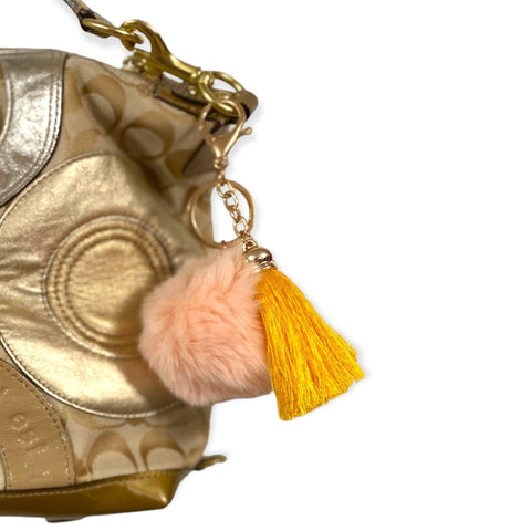 Pink Fur Pom Pom Gold Tassel Key Handbag Accessory - Wild Time Fashion