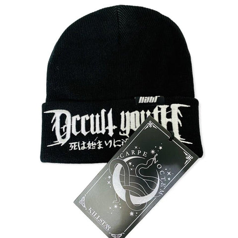 Black Knitted Beanie Killstar Embroidered Occult Youth - One Size- fall, winter, spring headwear - Wild Time Fashion