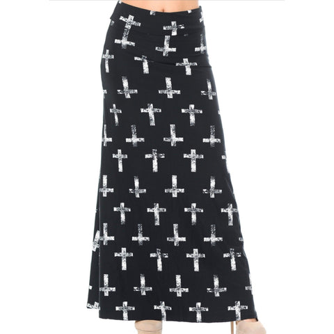 Women's Black Maxi Skirt White Cross Design One Size