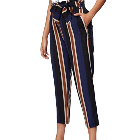 High Rise Elongated Striped Paperbag Tapered Crop Pants - Wild Time Fashion