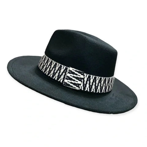 Black Tall Dented Crown Fedora Hat with White Black Wide Abstract Band-One Size- Wild Time Fashion