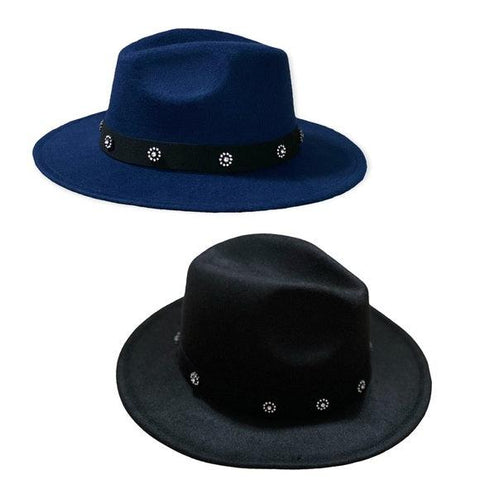 Navy Blue Panama Fedora Hat Stiff Brim Dented Crown Rhinestone Band - One Size