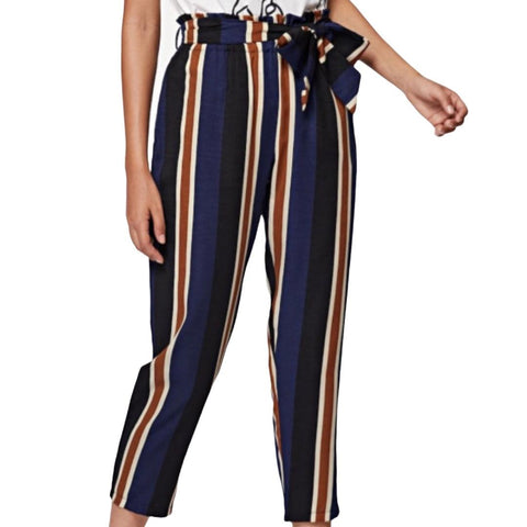 High Rise Elongated Striped Paperbag Tapered Crop Pants - Wild Time Fashion