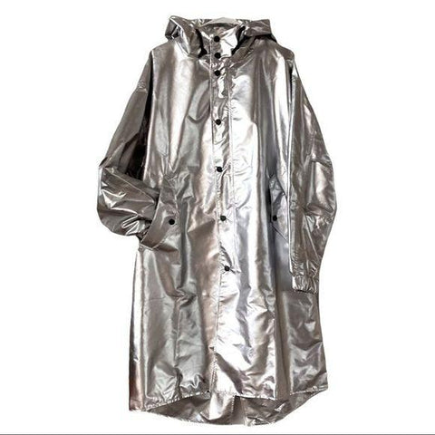 Silver Metallic Trench Coat Hooded Jacket