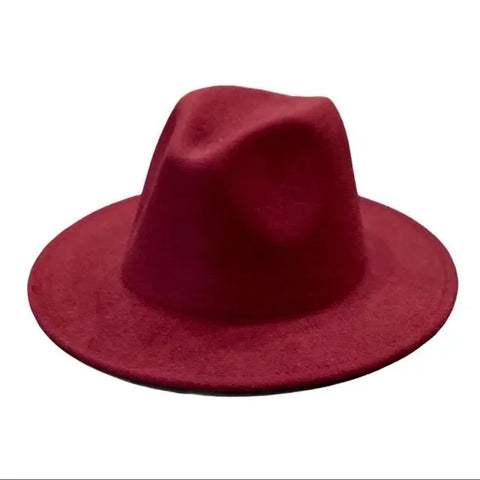 Maroon Red Stiff Wide Brim Tall Dented Crown Two Tone Fedora Hat - 7 1/4-7 3/8 -Wild Time Fashion