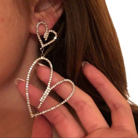 Women's Silver Glittery Rhinestone Open Hearted Statement Dangling  Earrings -3 5/8" Length - Wild Time Fashion