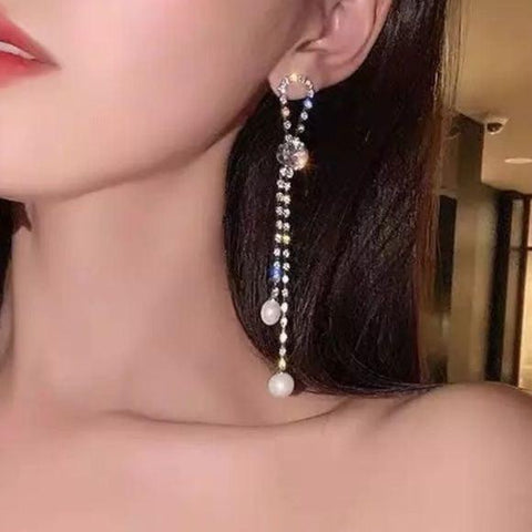 Shimmering Silver Ribbon Tassel Pearl Earrings - Wild Time Fashion