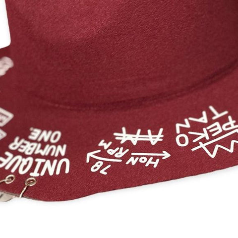 Burgundy Red Graphic Graffiti Lettering O Rings Hanging Wide Brim Fedora Hat - Hat Size 7.5- Wild Time Fashion