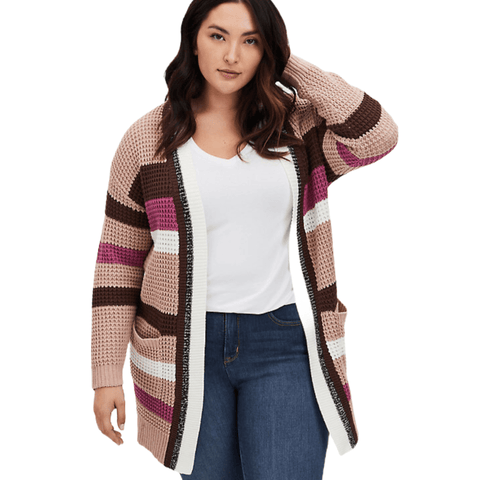 Colorful Plus Striped Mid-Thigh Textured Cardigan