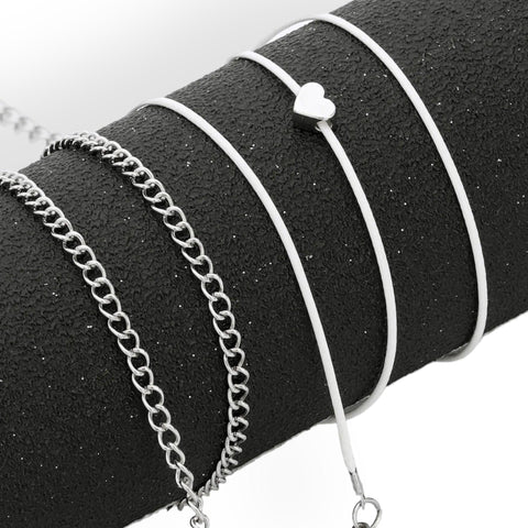Women's Wrap Around Anklets Set Silver Chain, White Rope Heart - One Size- Wild Time Fashion