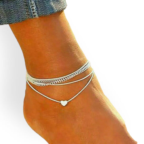 Women's Wrap Around Anklets Set Silver Chain, White Rope Heart - One Size- Wild Time Fashion