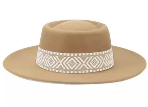 Boater Hat Round Crown Wide Stiff Brim Tribal Band - Wild Time Fashion