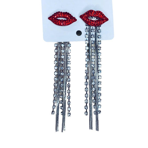 Women’s Long delicious Red Lips Silver Rhinestone Chain Earrings