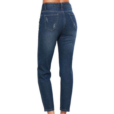 Dark blue 100% cotton mid-rise jeans featuring ripped accents and ankle crop