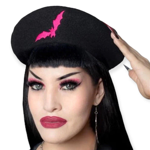 Women's Pink Embroidery Detailed Black Beret  - One Size - Wild Time Fashion