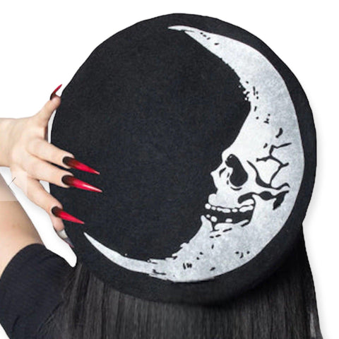 Black Skeleton Moon Wool Beret - Wild Time Fashion