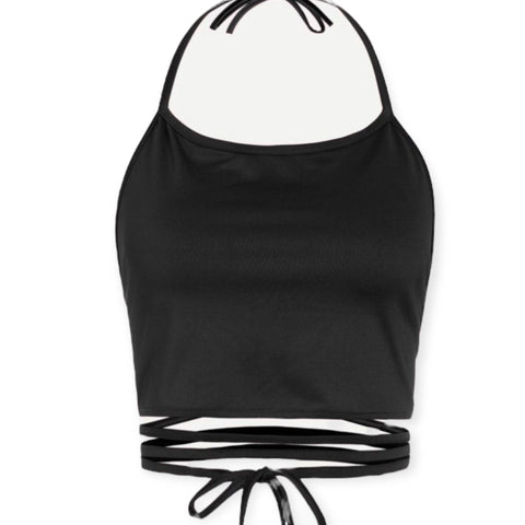 Women's Backless Black Bandana Waist Wrap Crop Top - Medium-Wild Time Fashion