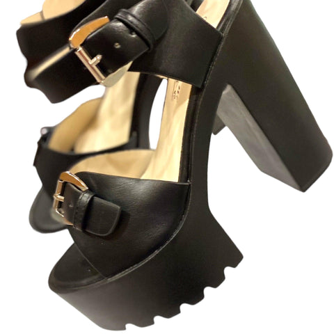 Women's Black Leather Buckle Platform Heel Sandals - 8- Wild Time Fashion