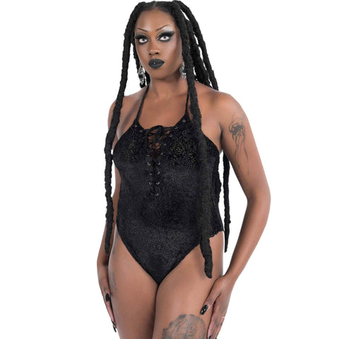 Black Velvet Magic Lace Up Halter Bodysuit