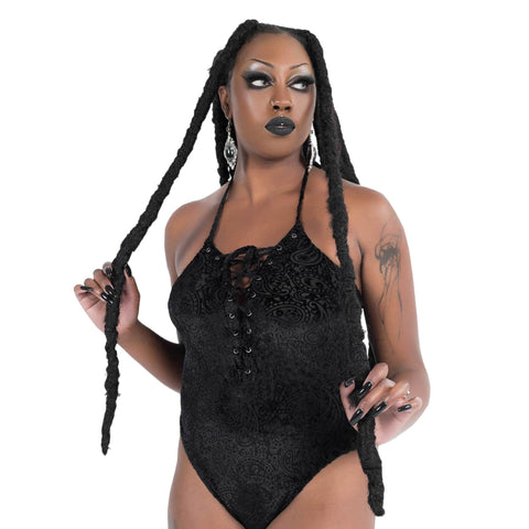 Black Velvet Magic Lace Up Halter Bodysuit