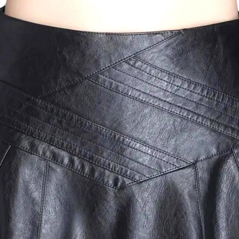 Women's Black High Waisted Faux Leather Knee Length Skirt