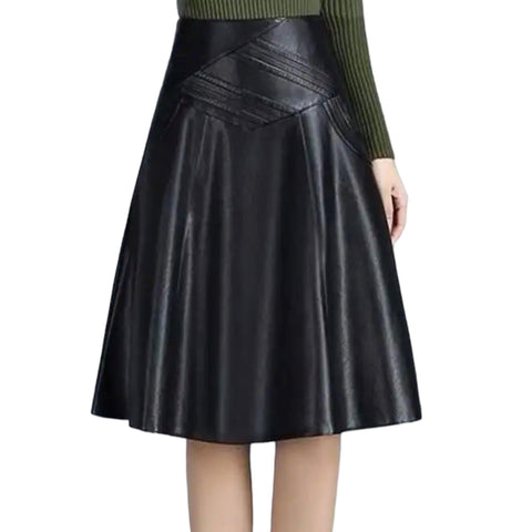 Women's Black High Waisted Faux Leather Knee Length Skirt