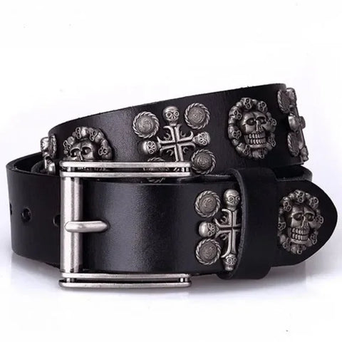 Black Leather Hardware Skulls Crosses Hardware Wide Waist Belt - Wild Time Fashion