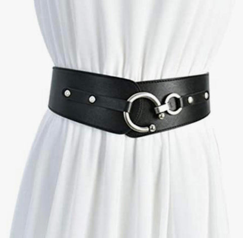 Women's Black Leather Belt Silver Studded Hardware Horseshoe Buckle Wide Statement Belt - One Size - Wild Time Fashion