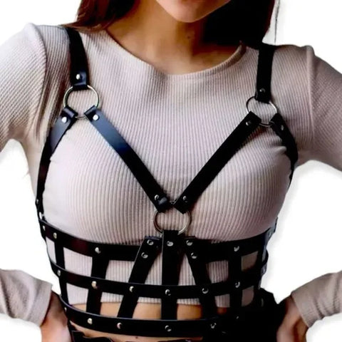 Black Leather Studded Adjustable Chest Body Harness Belt - Wild Time Fashion