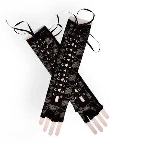  Black Laced Long Fingerless Gloves