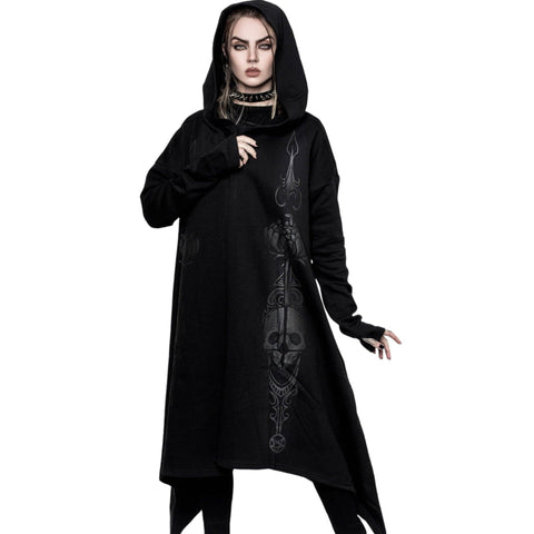 Black Long Aysemmetrical Ghosted Graphic Skulls Open Front Hooded Jacket - XXL-Wild Time Fashion