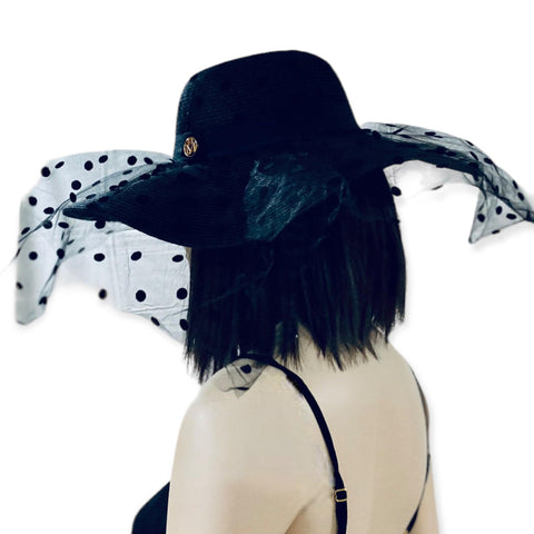 Black Polkadot Mesh Overlay Wide Brim Sun Hat - Wild Time Fashion 