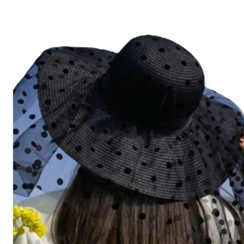 Black Polkadot Mesh Overlay Wide Brim Sun Hat- Wild Time Fashion 