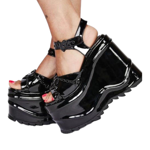 Black Patent Hearted Wavy Platform Sandals -Wild Time Fashion