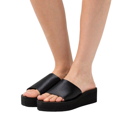 Women's Black Satin Slip On Platform Wedge Sandals - Wild Time Fashion