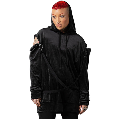 Model wearing a Black Velour Harness Pullover Hoodie with gothic hardware and adjustable O-ring zippers.