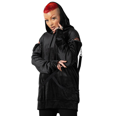 Black Velour Harness Pullover Hoodie with O-Ring Shoulder Zips & Removable Harness Straps – Killstar