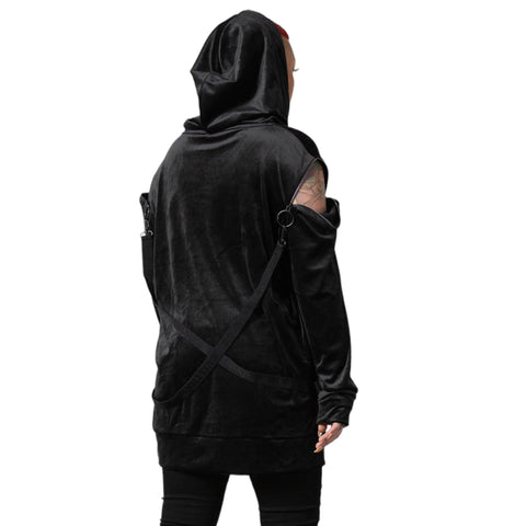 Back view of the Black Velour Harness Pullover Hoodie showcasing its oversized design and adjustable harness straps.
