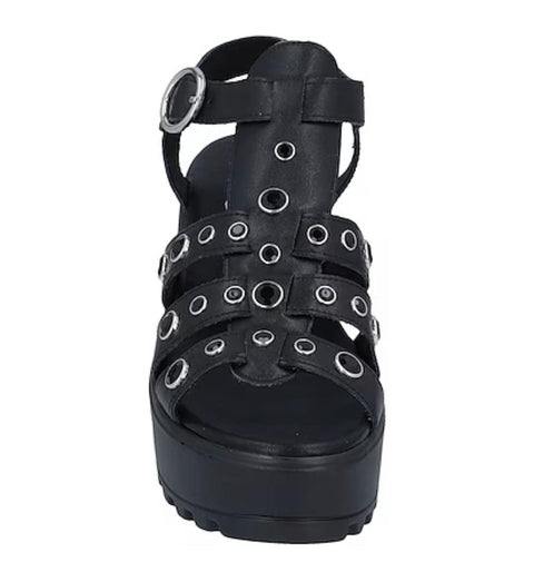 Black Crystal Platform Leather Strappy Sandals  Ankle Buckle Block Heel -9- Wild Time Fashion 