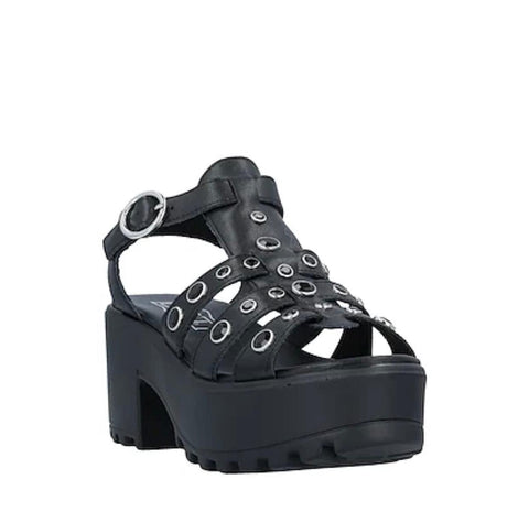 Black Crystal Platform Leather Strappy Sandals  Ankle Buckle Block Heel -9- Wild Time Fashion 