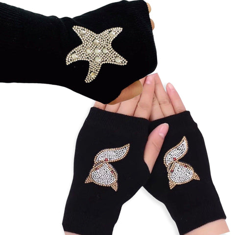 Women’s Fingerless Gloves Black Knitted Glittery Detailed Gloves - Wild Time Fashion 