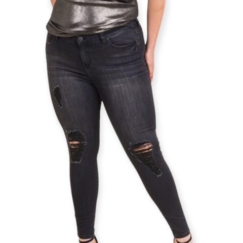 Women's Plus Size Infinite Stretch Black Mid Rise Distressed Denim Jeans - Wild Time Fashion