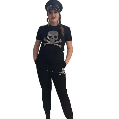 Women's Black Studded Skull Crossbones High Waist Tapered Joggers Pants - Large - Wild Time Fashion