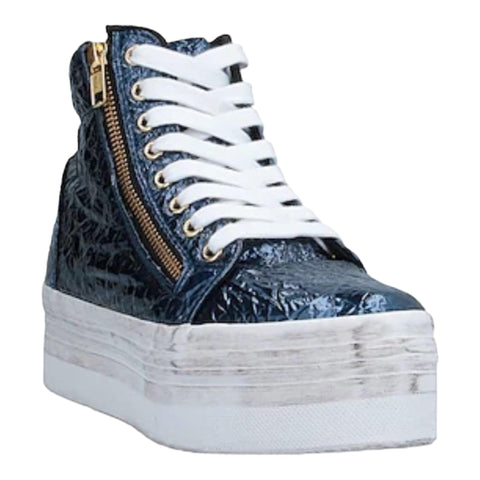 Women's Blue Textured  Metallic Lace Up or Zipper  Distressed Platform High Top Sneakers - Size 10- Wild Time Fashion