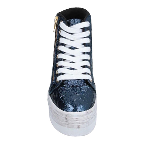 Women's Blue Textured  Metallic Lace Up or Zipper  Distressed Platform High Top Sneakers - Size 10- Wild Time Fashion