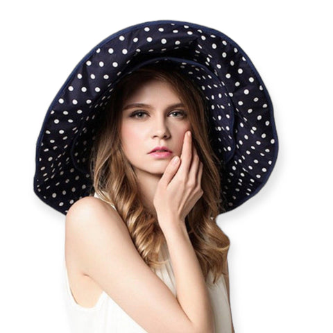 Women's Blue White Polkadot Wide Brim Panama Hat, Bucket Hat - Fabric Portable - Wild Time Fashion