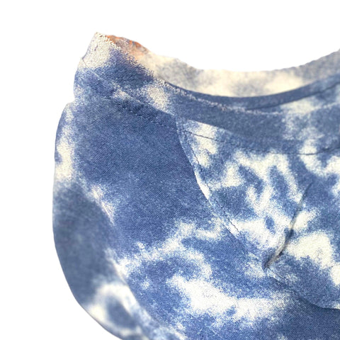 Blue and white tie dye plus size cotton blouse with ruffle v neckline and button closure in boho beachy style